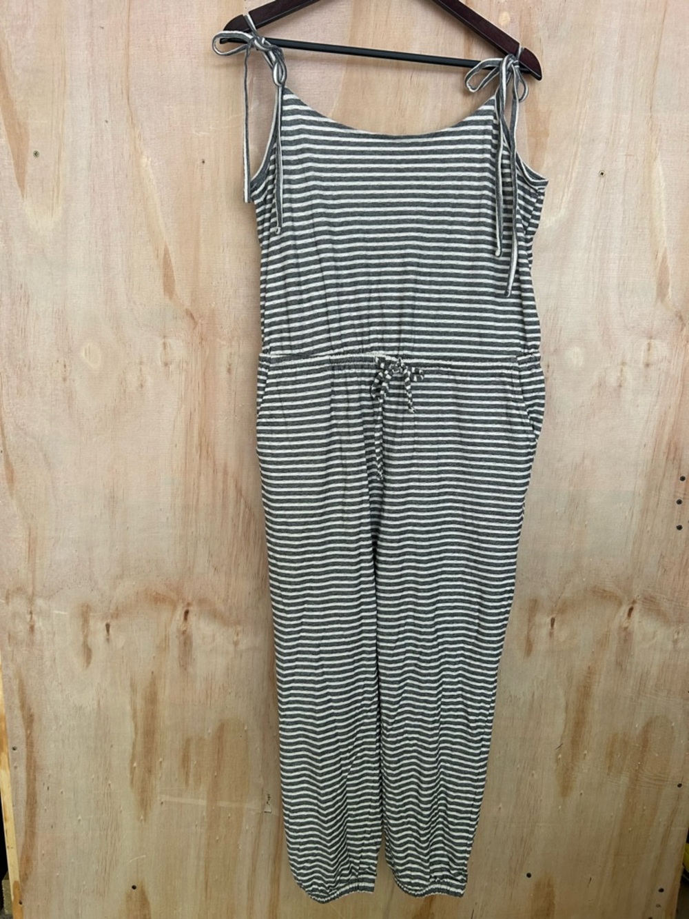 LOFT Striped Tie-Shoulder Jumpsuit in Gray and White